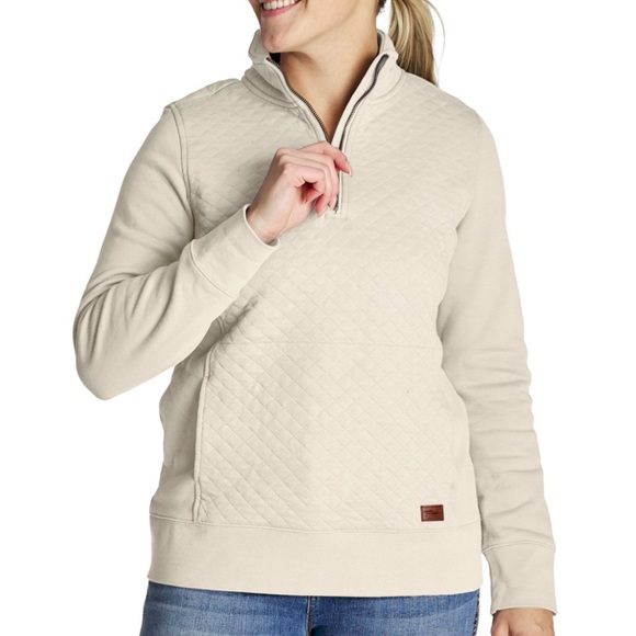 L.L. Bean Quilted Pullover Long Sleeve 1/4 Zip Cream Top Women’s Size Medium - Picture 13 of 16